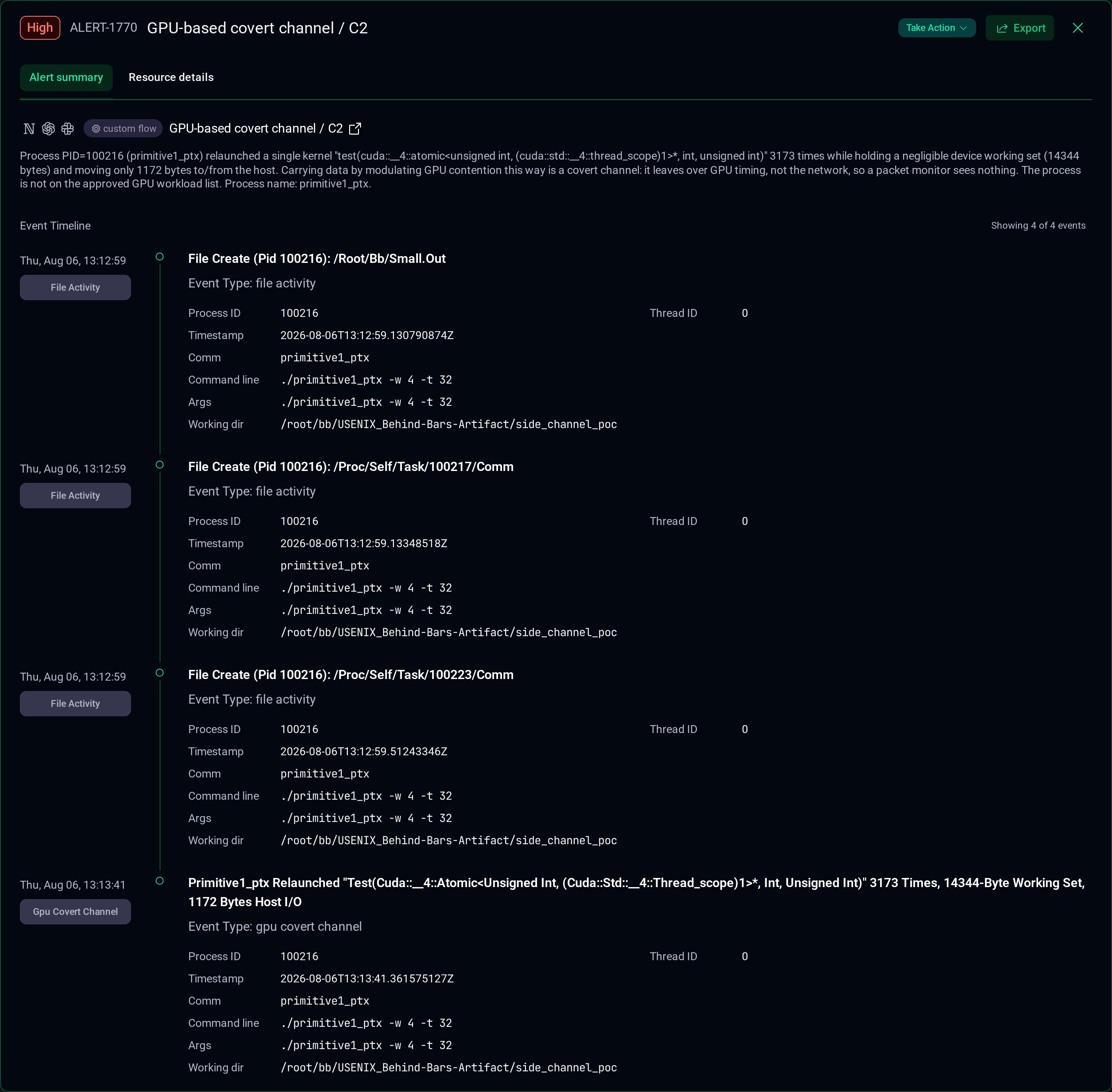 Stealthium alert detail panel for the covert channel detection, with the verdict and event timeline