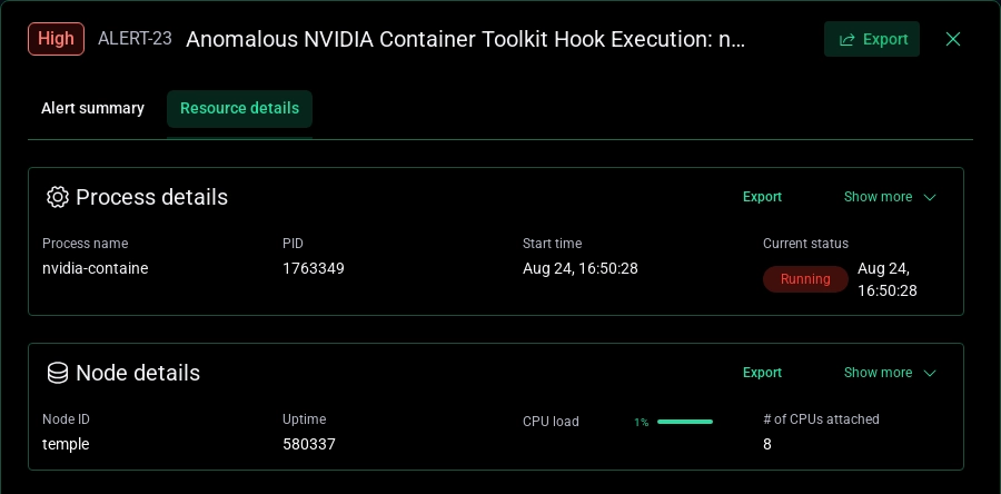 Resource details from the Toolkit alert, showing the container, pod, namespace, and node the anomalous hook execution was attributed to